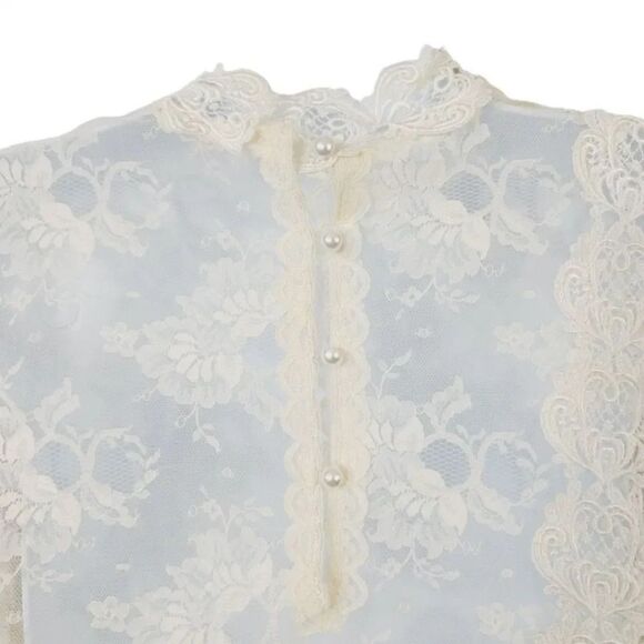 Vintage Victorian Flutter Puff Sleeve Sheer Ivory Lace Formal Wedding Dress M/L - Picture 12 of 13